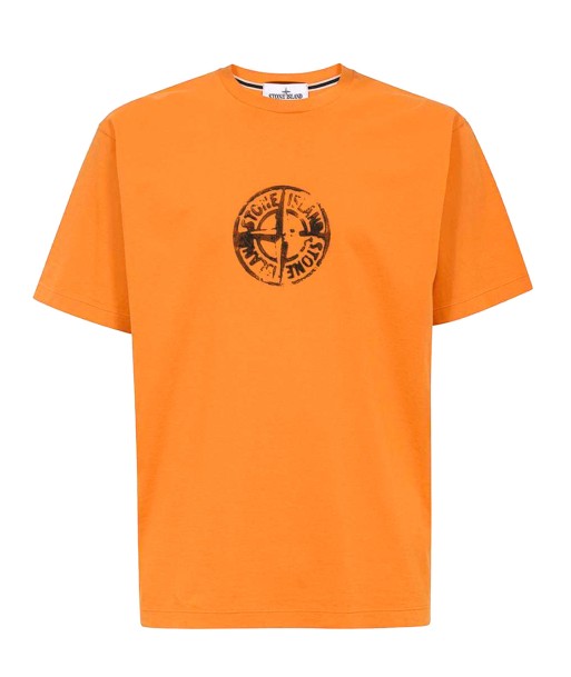 STONE ISLAND - Tee Shirt orange à logo central une grave pollution 