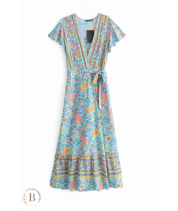 Vestito Lungo Bohémien Blu a Fiori en stock